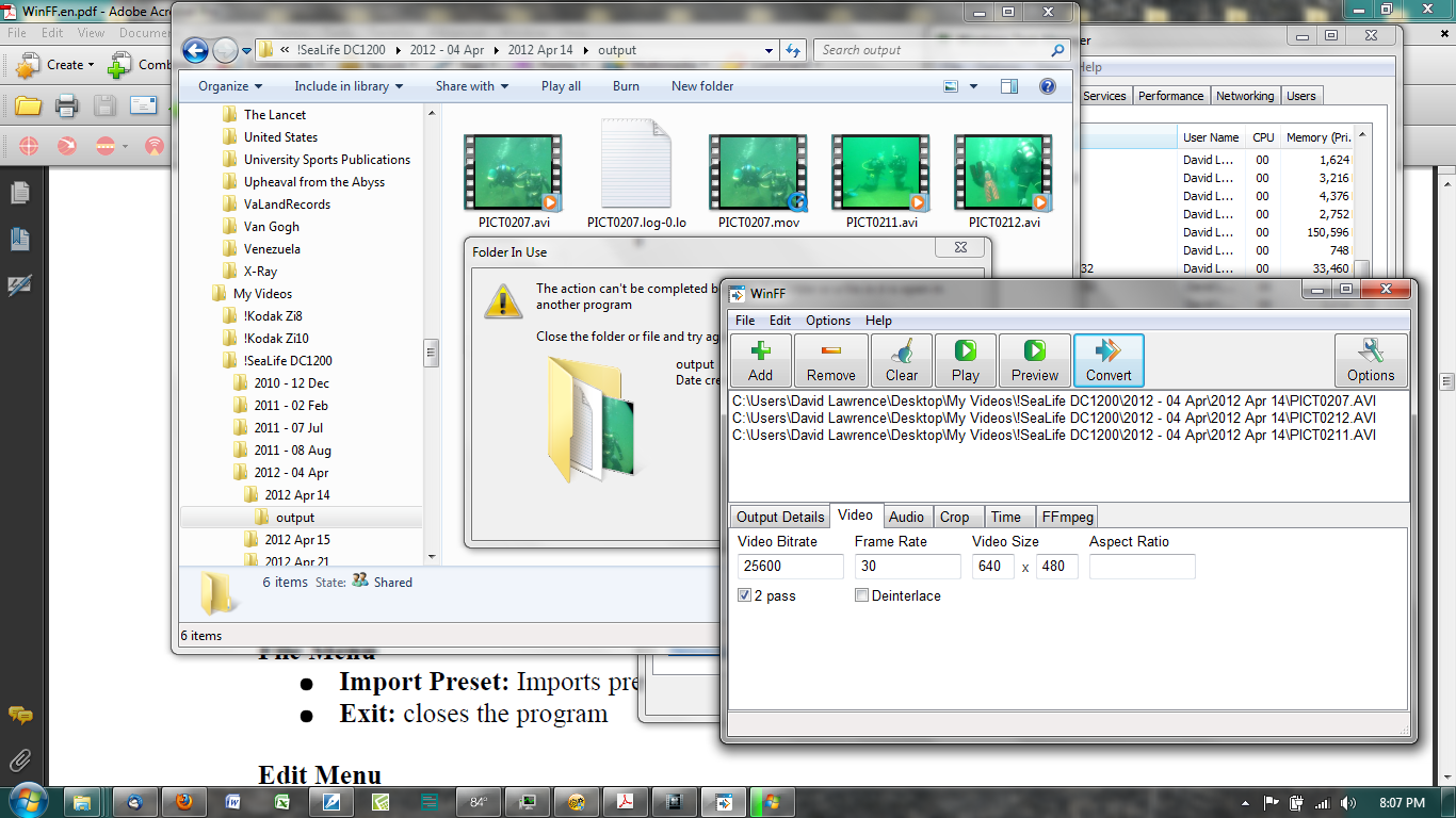 WinFF video settings for SeaLife DC1200 AVI conversion